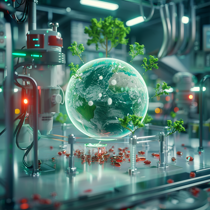 Stylised Earth surrounded by lab equipment and green plants representing sustainable cultivated meat production